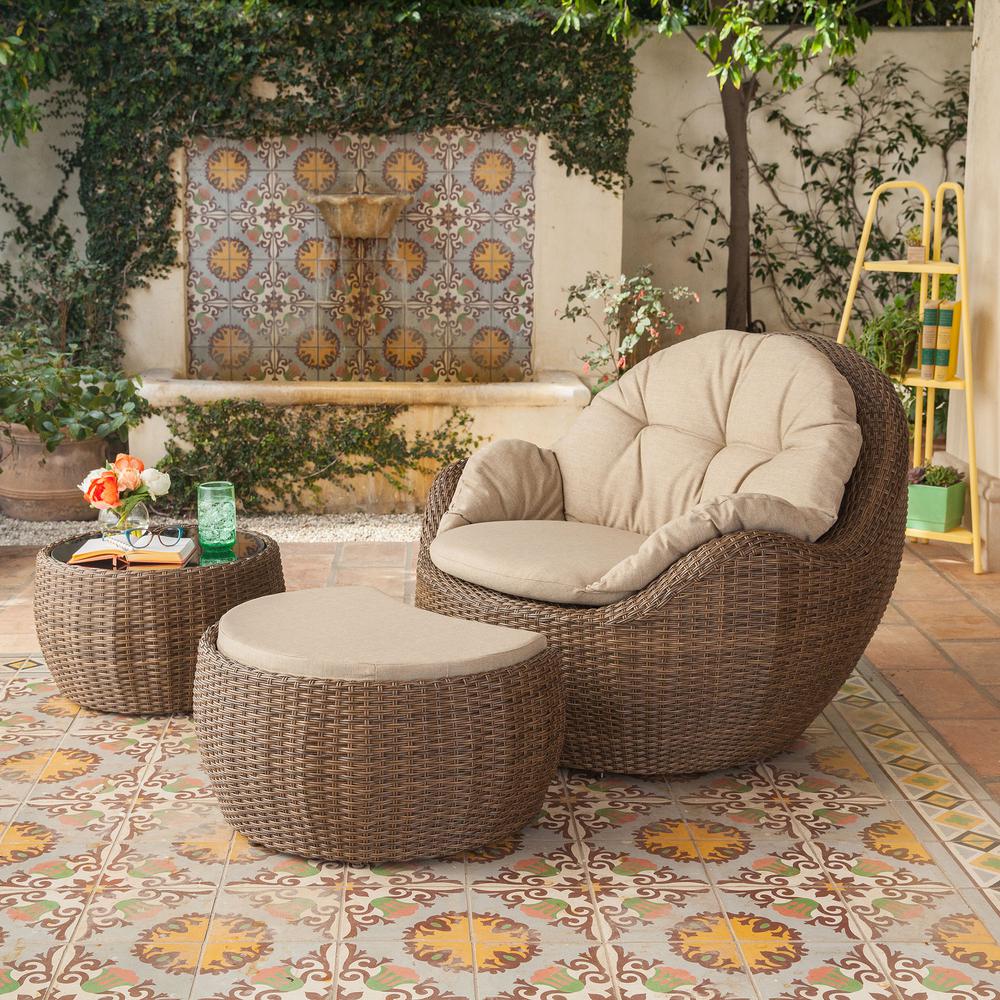 Royal Garden Greta Ottoman 3-Piece Wicker Patio Lounge Chair with Beige