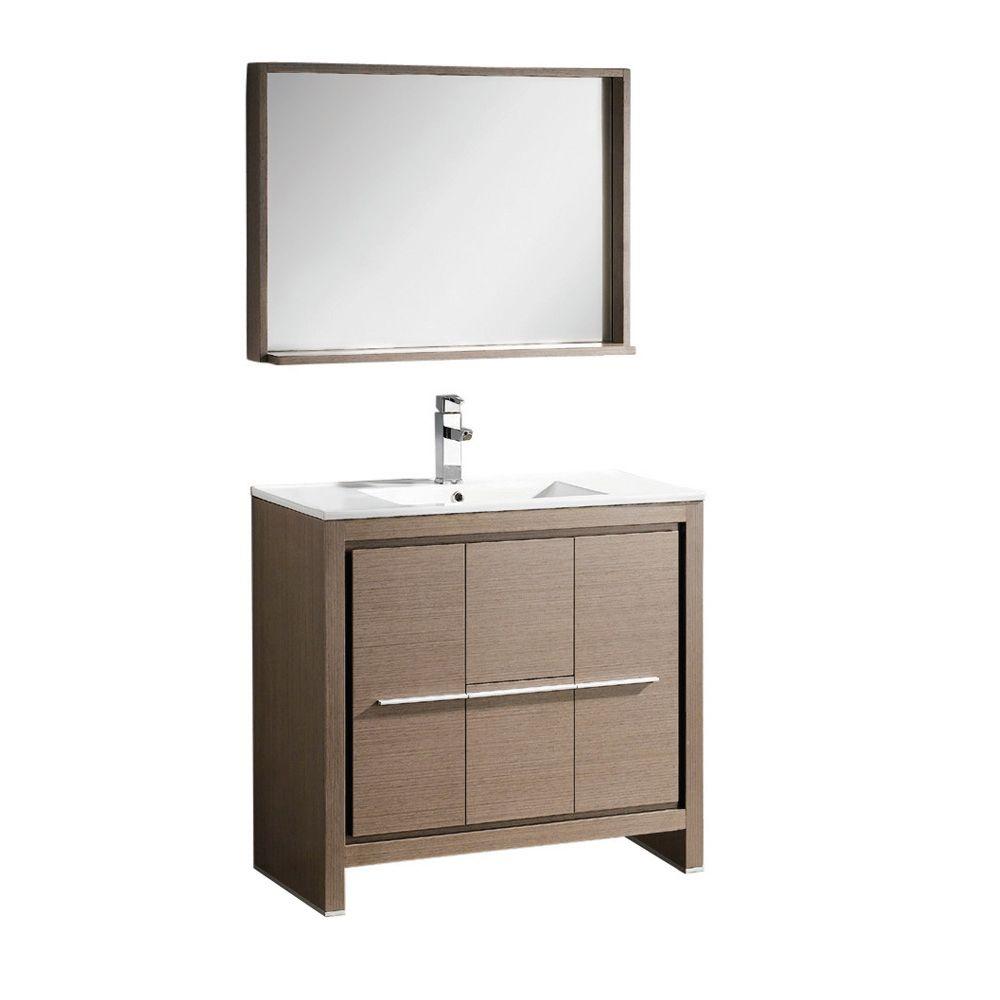 Fresca Allier 36 In Vanity Gray Oak With Ceramic Top White Basin And Mirror