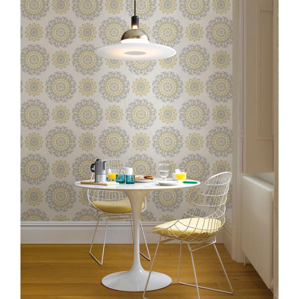 NuWallpaper Grey and Yellow Suzani Peel and Stick Wallpaper Sample