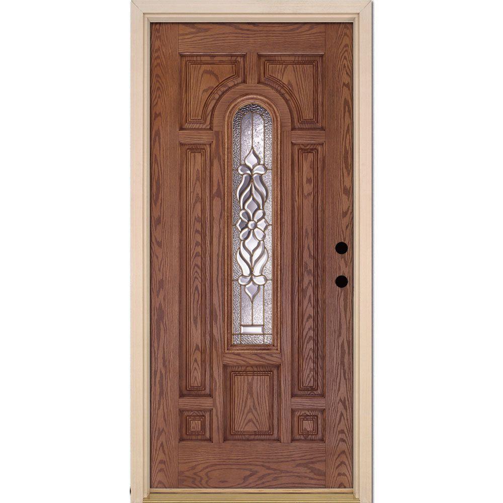 Feather River Doors 37 5 In X 81 625 In Lakewood Brass Center Arch Lite Stained Medium Oak Left Hand Inswing Fiberglass Prehung Front Door