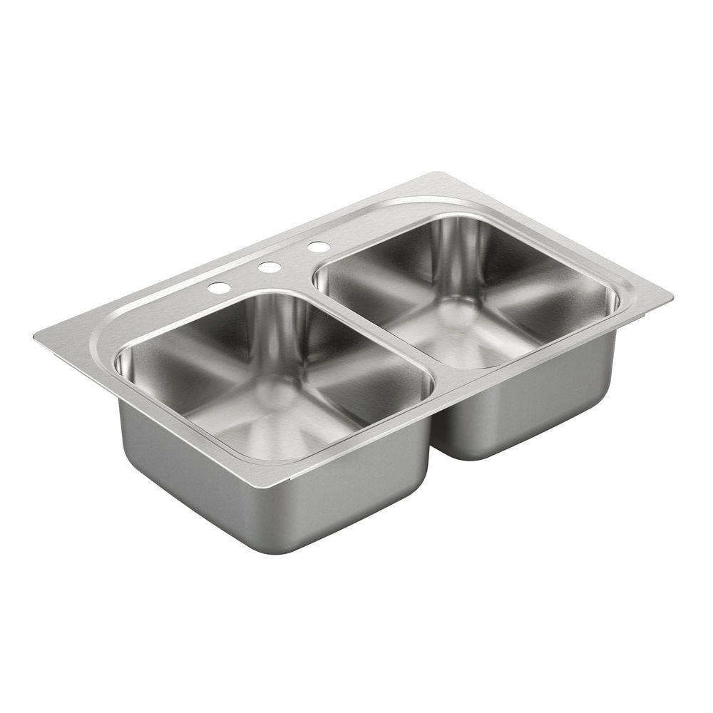 Moen 2200 Series Drop In Stainless Steel 33 In 3 Hole Double Bowl Kitchen Sink