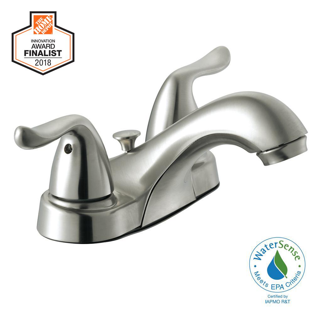 Centerset 2-Handle Low-Arc Bathroom Faucet in Brushed Nickel