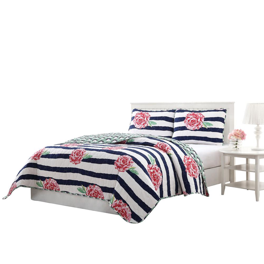 Marielle 3Piece Navy/Pink/Green/White Queen Reversible Quilt Set