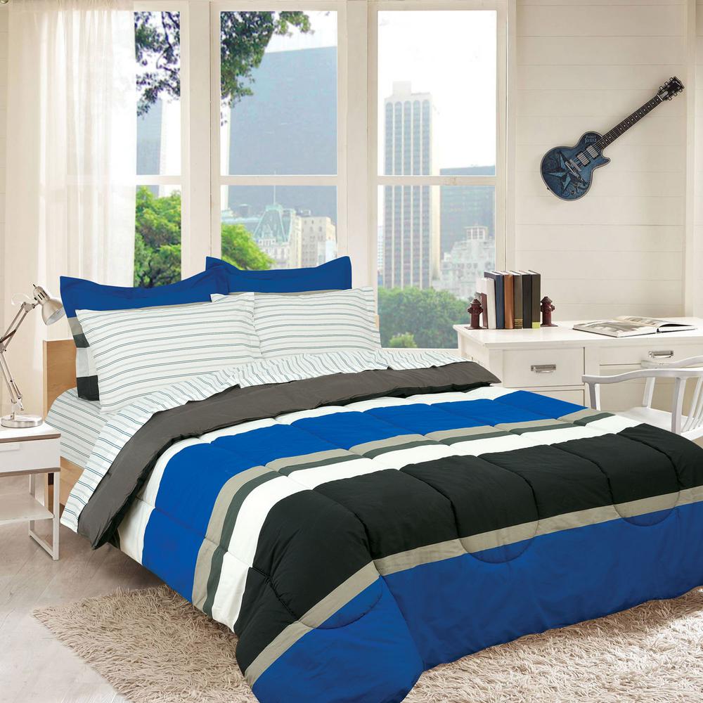 Royale Linens Rugby Stripe 5 Piece Blue Twin Size Bed In A Bag With Reversible Comforter 9242 040 0401 The Home Depot