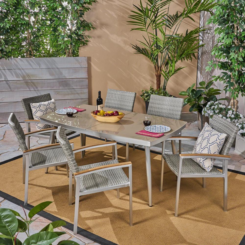 Noble House Rowan Grey 7Piece Aluminum and Wicker Outdoor Dining Set