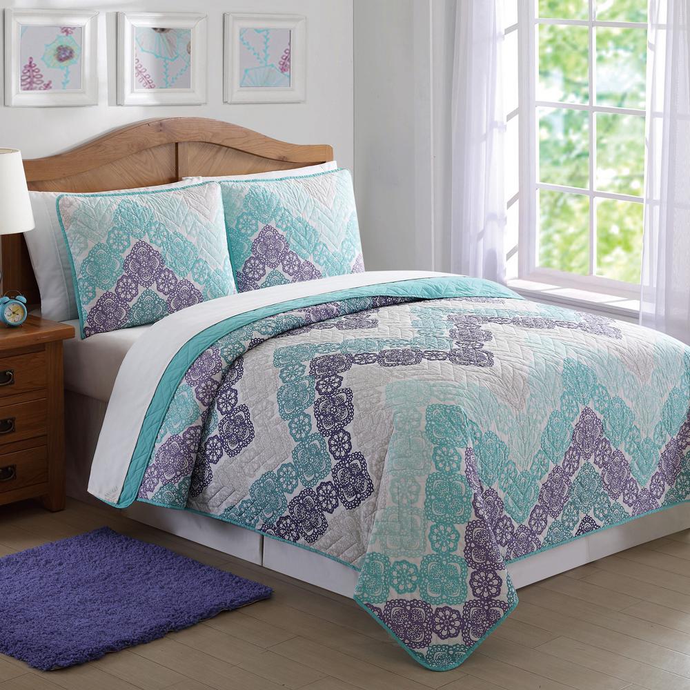 Antique Lace Chevron 3 Piece Purple And Teal Full And Queen Quilt Set