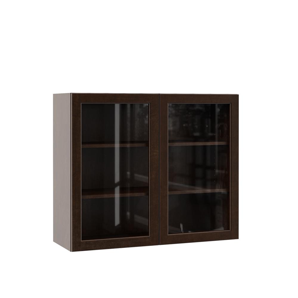 Hampton Bay Designer Series Gretna Assembled 36x30x12 In Wall Kitchen Cabinet With Glass Doors Espresso