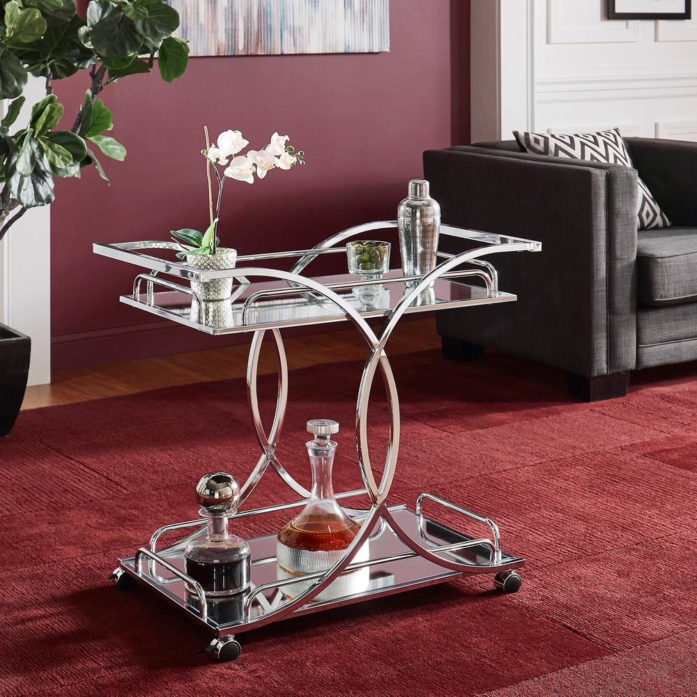 HomeSullivan Chrome Floral Bar Cart With Mirrored Bottom And Glass Top