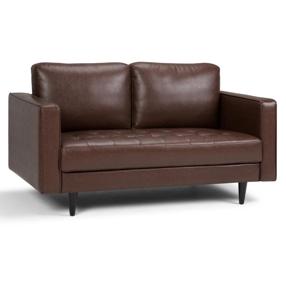 Simpli Home Blaine Contemporary 62 in. Wide Sofa Loveseat in Distressed Cognac Faux Air Leather
