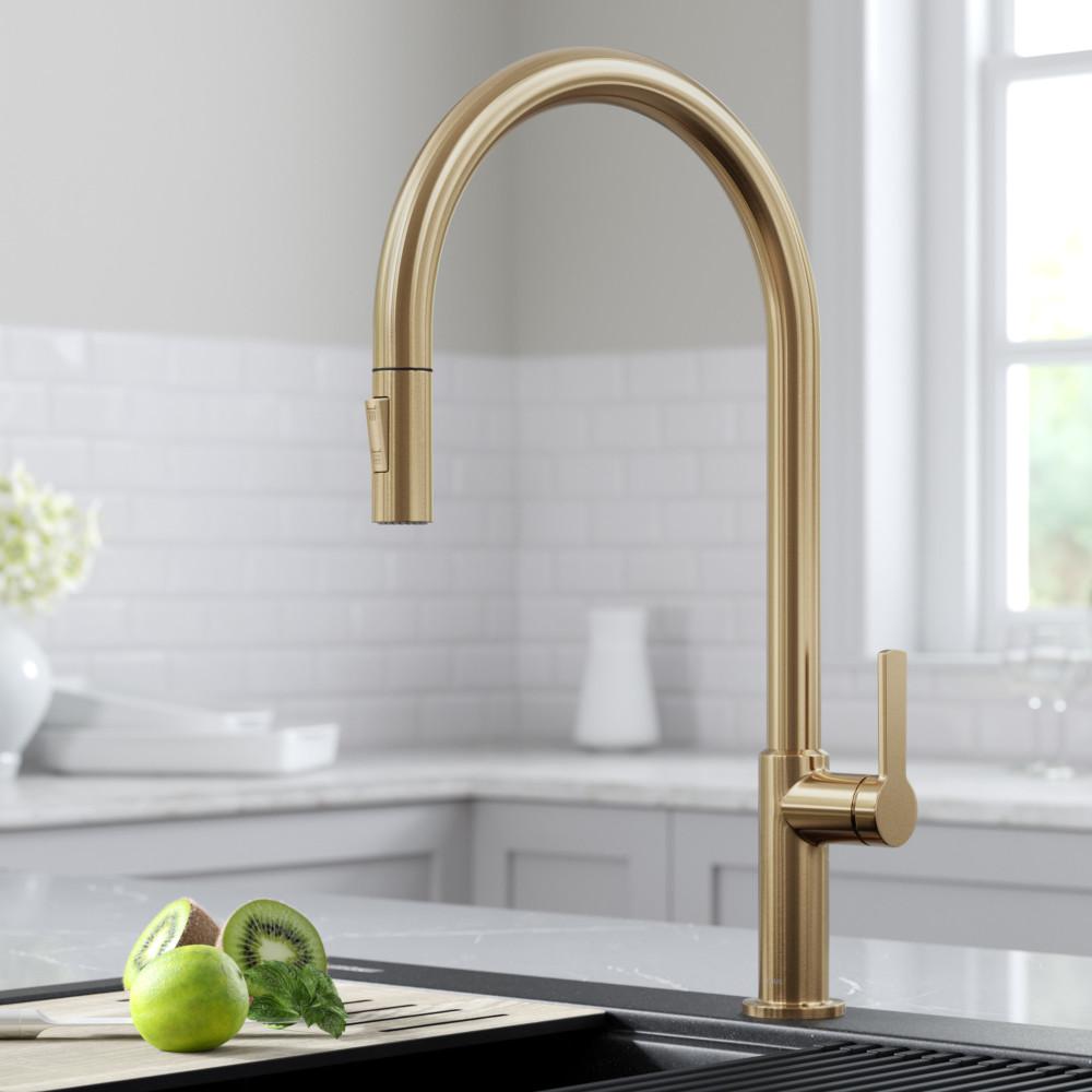 Kraus Oletto High-Arc Single Handle Pull-Down Kitchen Faucet in Spot Free Antique Champagne Bronze