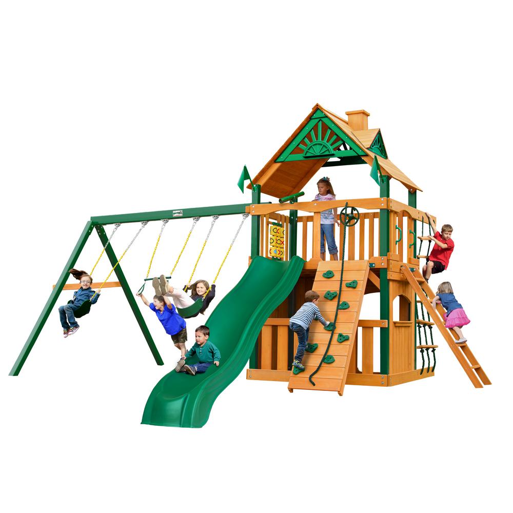 Chateau Clubhouse Wooden Swing Set With Timber Shield Posts Slide And Rock Wall