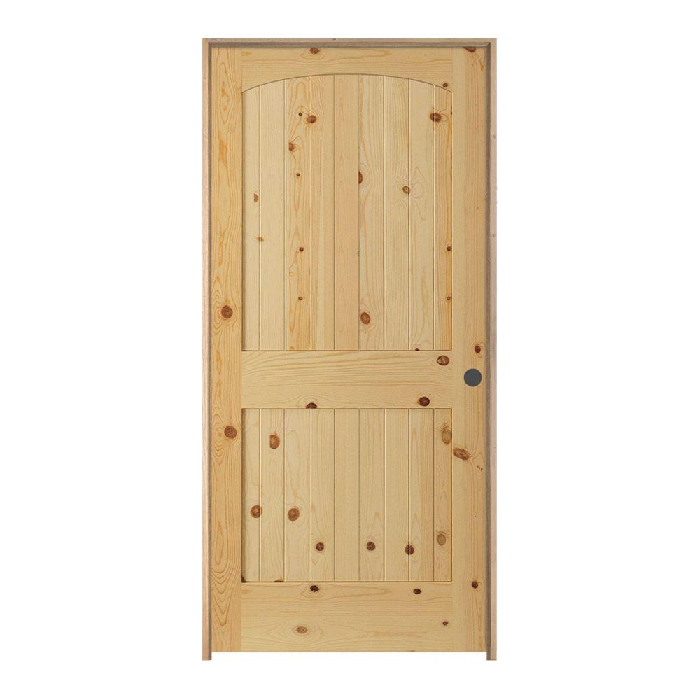 Jeld Wen 28 In X 80 In Knotty Pine Unfinished Left Hand 2 Panel Arch Top V Groove Solid Wood Single Prehung Interior Door