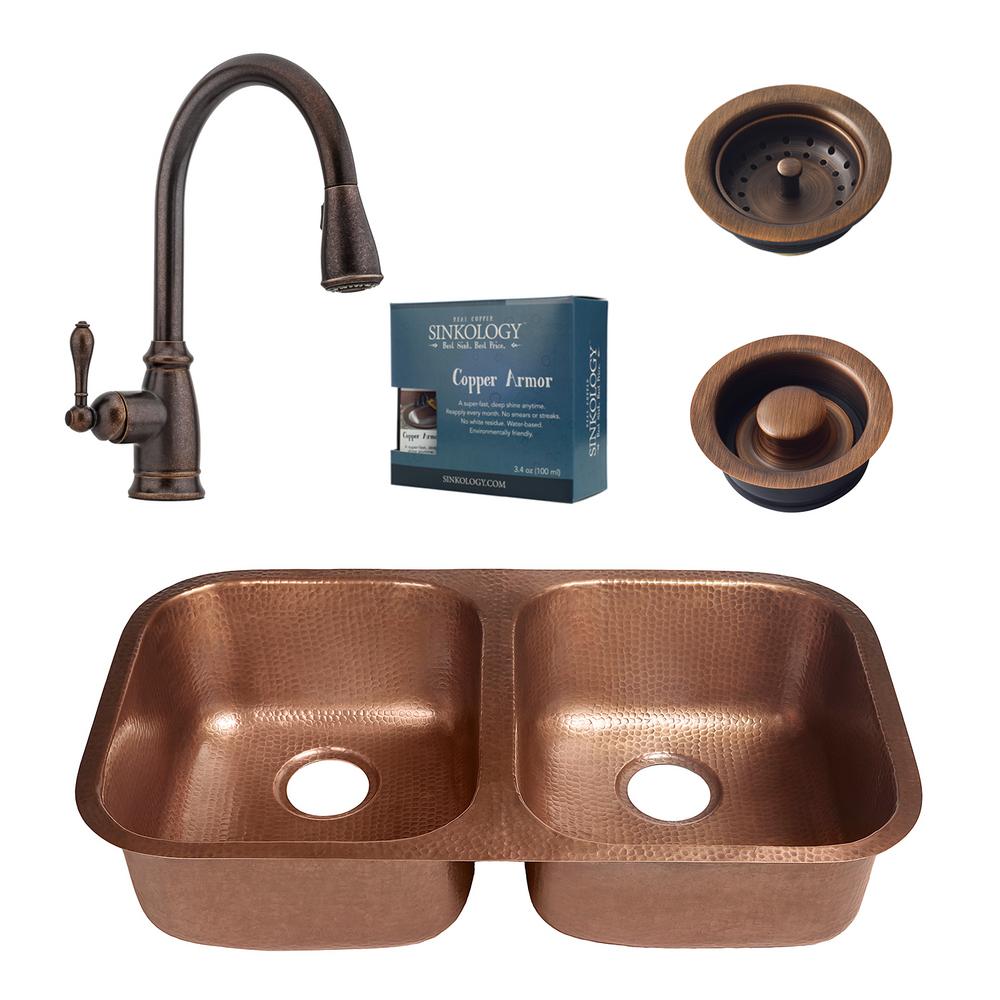 Kandinsky All In One Undermount Solid Copper 32 1 4 In Double Bowl Kitchen Sink With Pfister Faucet And Drain In Bronze