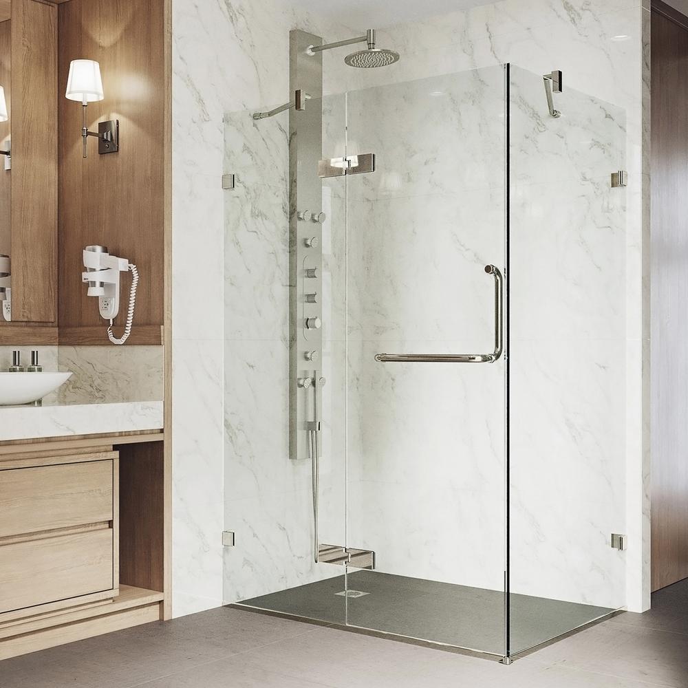 VIGO Monteray 38.25 in. x 73.375 in. Frameless Corner Hinged Shower Enclosure in Brushed Nickel with Clear Glass