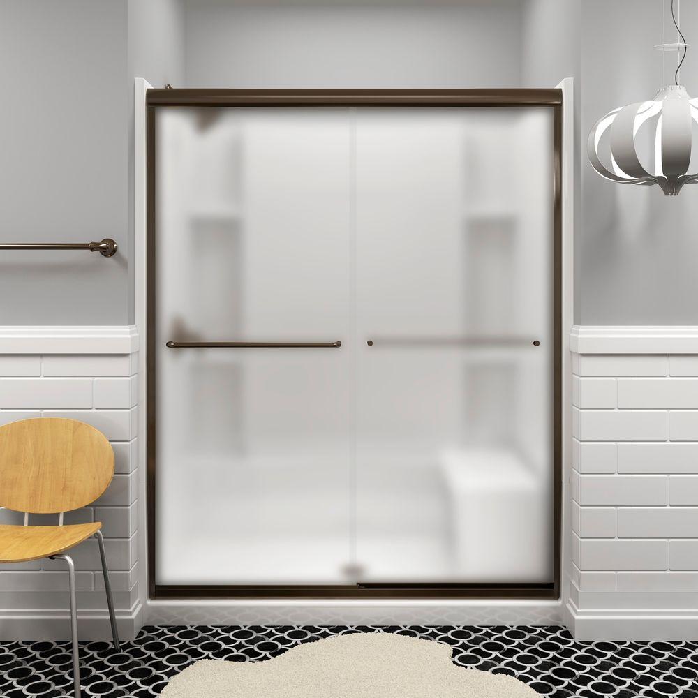Sterling Finesse 59 5 8 In X 70 1 16 Semi Frameless Sliding Shower Door Frosted Deep Bronze With Handle