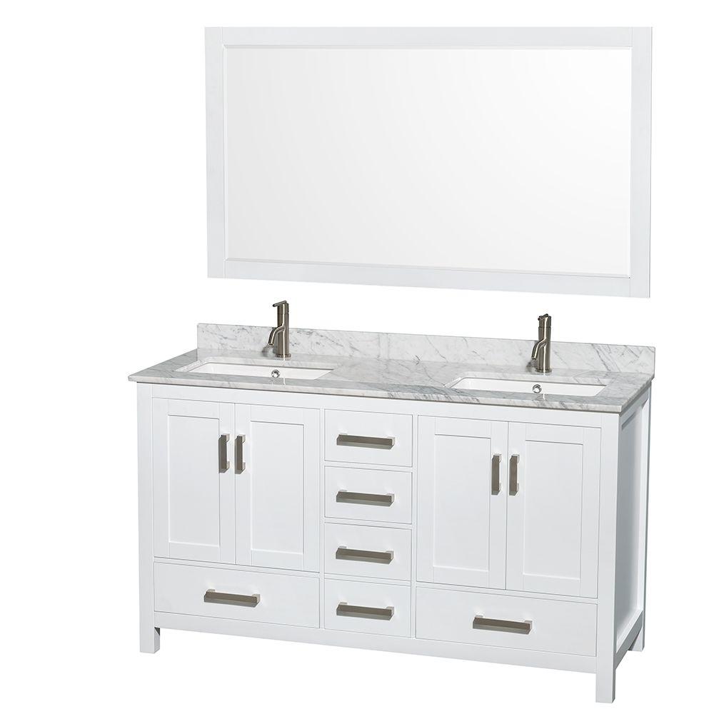 Wyndham Collection Sheffield 60 In Double Vanity In White With Marble Vanity Top In Carrara White And 58 In Mirror