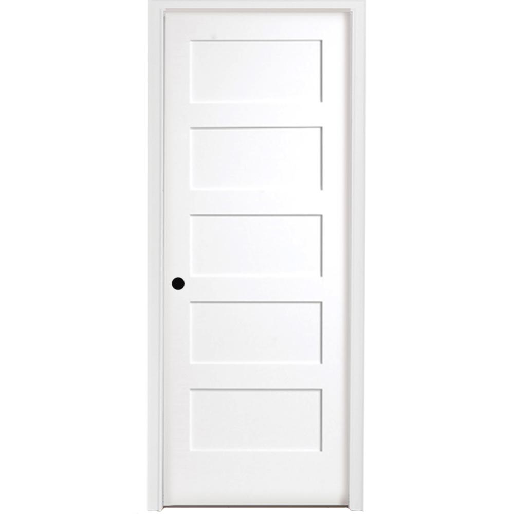 30 In X 80 In 5 Panel Shaker White Primed Right Hand Solid Core Wood Single Prehung Interior Door With Nickel Hinges