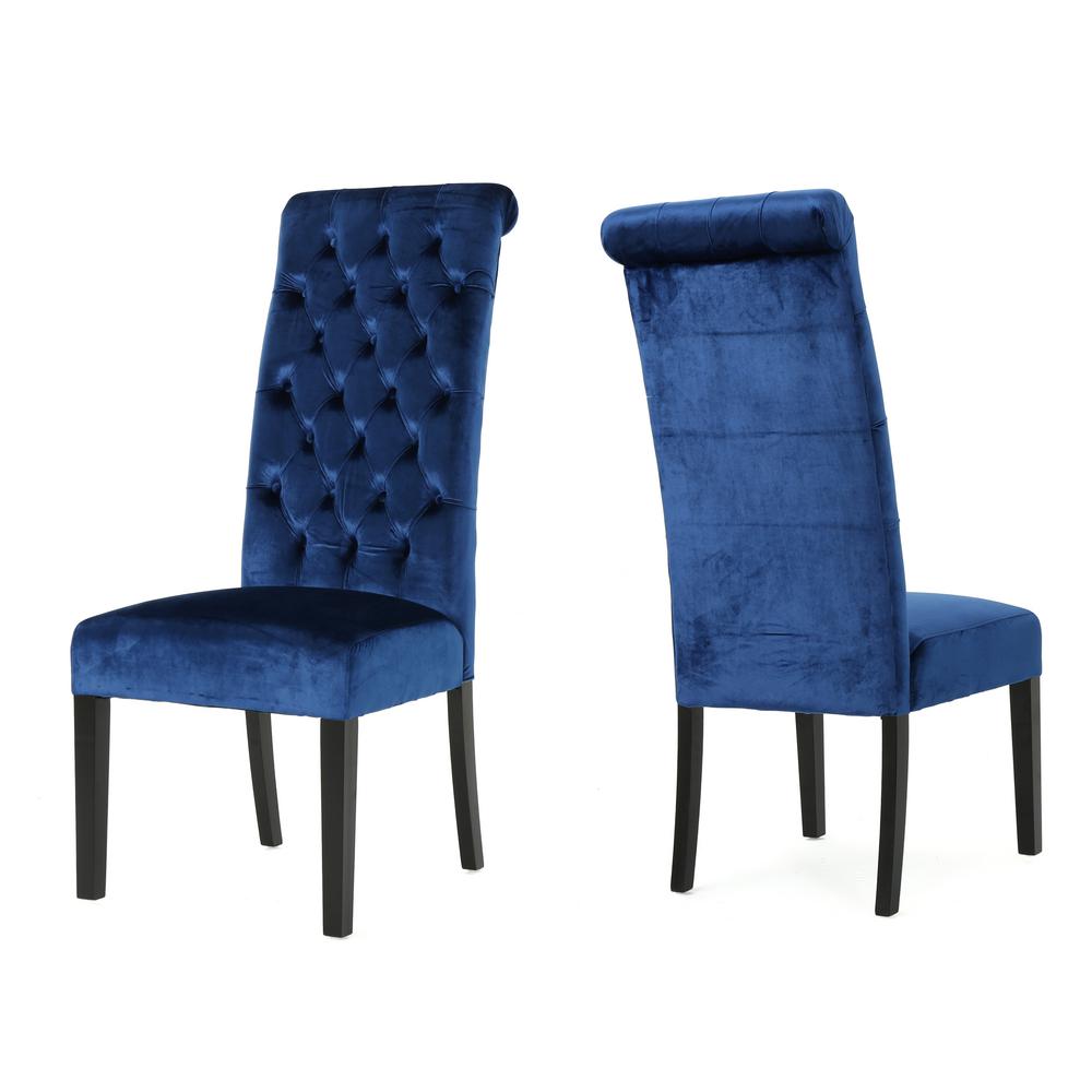 Noble House Leorah Navy Blue Velvet High Back Dining Chair (Set of 2