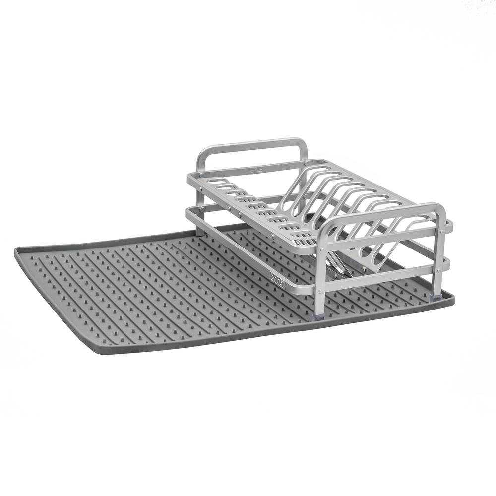 Ta Da 13 22 In X 8 62 Compact Dish Rack Brushed Aluminum Compact Dish Rack In Brushed Aluminum With Drysmart Silicone Mat Dark Grey