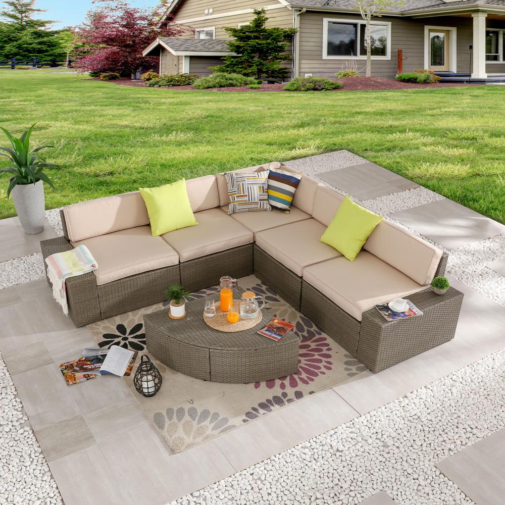 Patio Festival 6Piece Wicker Outdoor Sectional Set with Beige Cushions