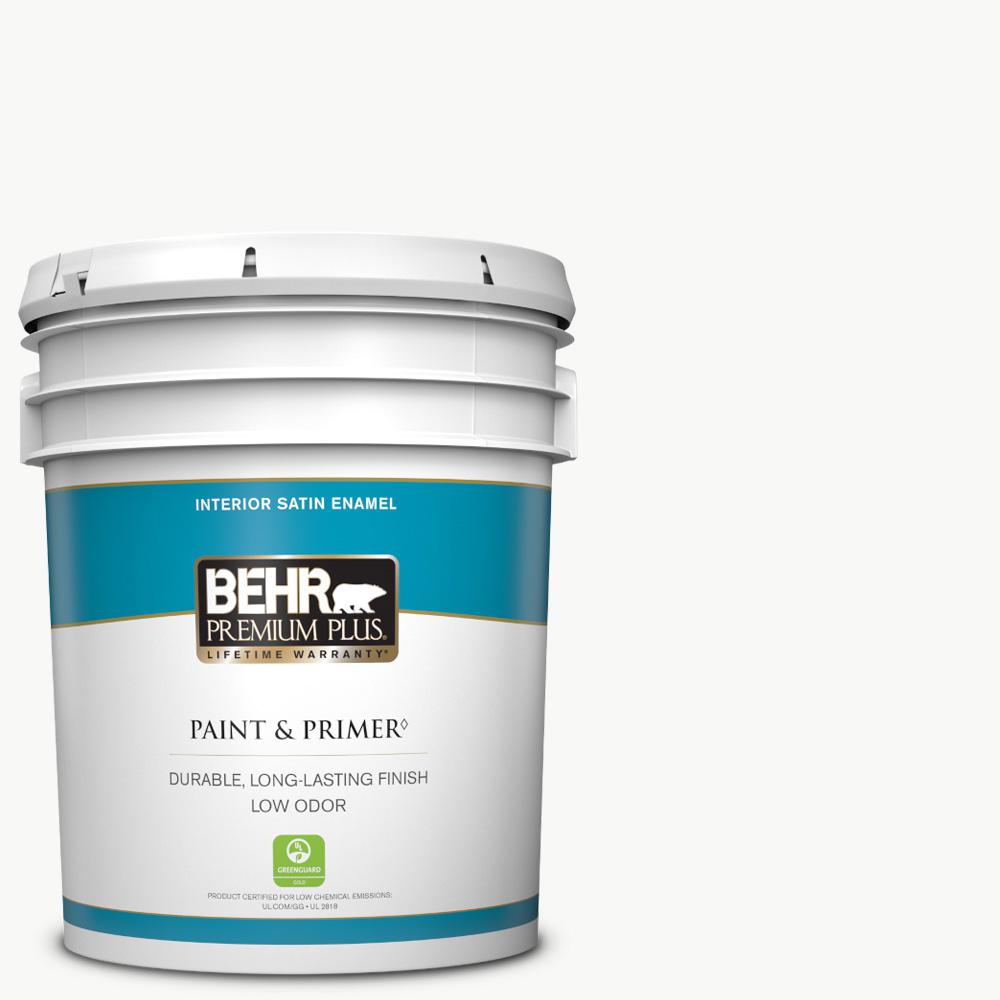 Behr Premium Plus 5 Gal Ultra Pure White Satin Enamel Low Odor Interior Paint Primer 705005 The Home Depot