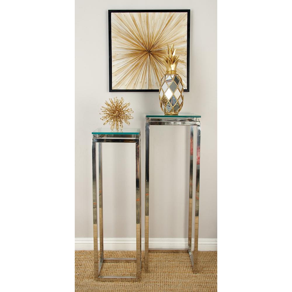 Metallic Silver Stainless Steel And Glass Pedestal Tables Set Of 2