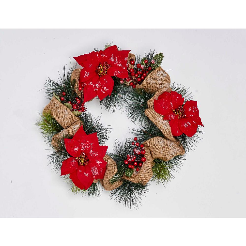 20 in. Poinsettia Wreath with Burlap on Natural Twig Base7255 The