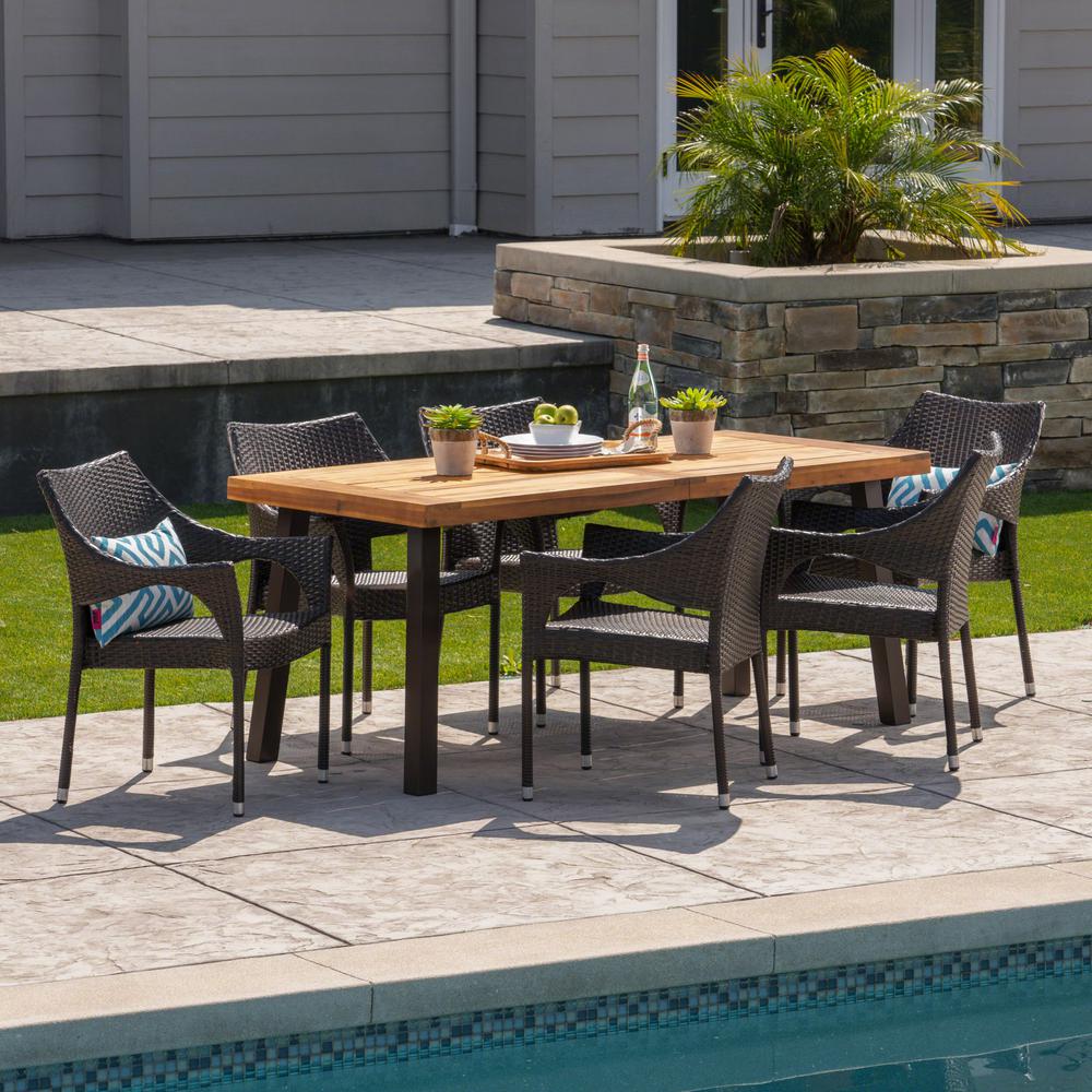 Noble House Brianna 7 Piece Wood And Wicker Outdoor Dining Set