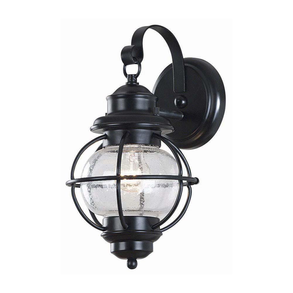 Greer 1-Light Black Exterior Wall Lantern Small with Caged Seeded Glass