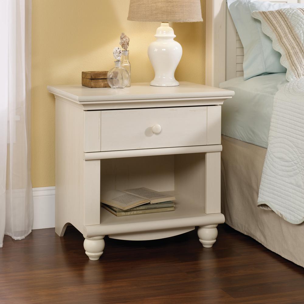 Sauder Harbor View 1 Drawer Antiqued White Nightstand 400639 The