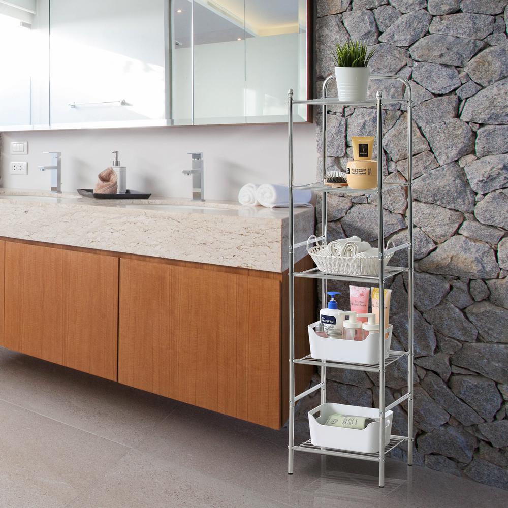 silver bathroom shelves