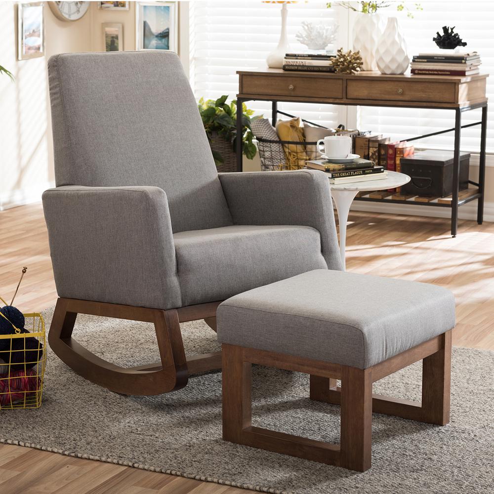 Baxton Studio Yashiya Mid Century Gray Fabric Upholstered Rocking Yashiya Mid Century Gray Fabric Upholstered Rocking Chair And Ottoman Set