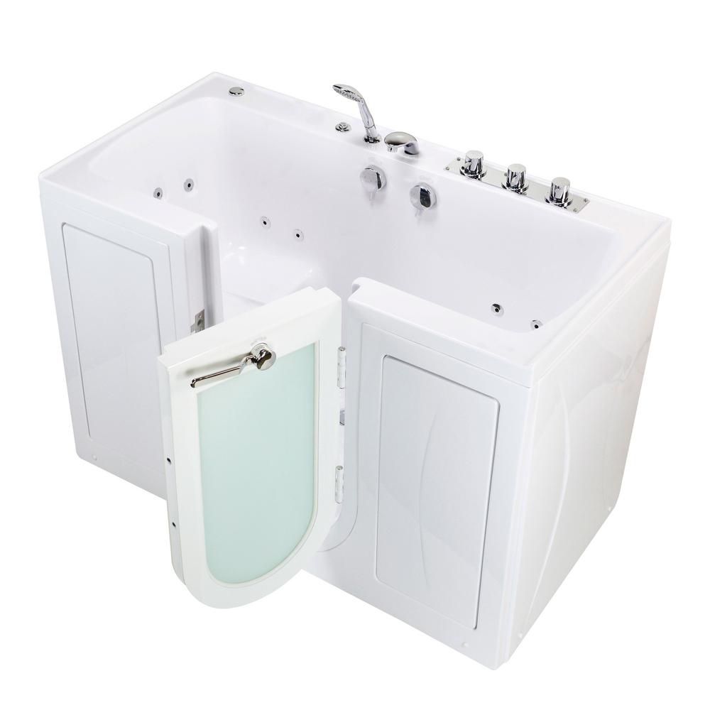 Ella Tub4two 60 In Acrylic Walk In Whirlpool Bathtub In White Right Outward Door Thermostatic Faucet 2 In Dual Drain