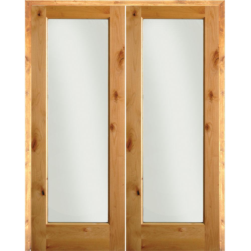 64 In X 96 In Rustic Knotty Alder 1 Lite Clear Glass Both Active Solid Core Wood Double Prehung Interior Door