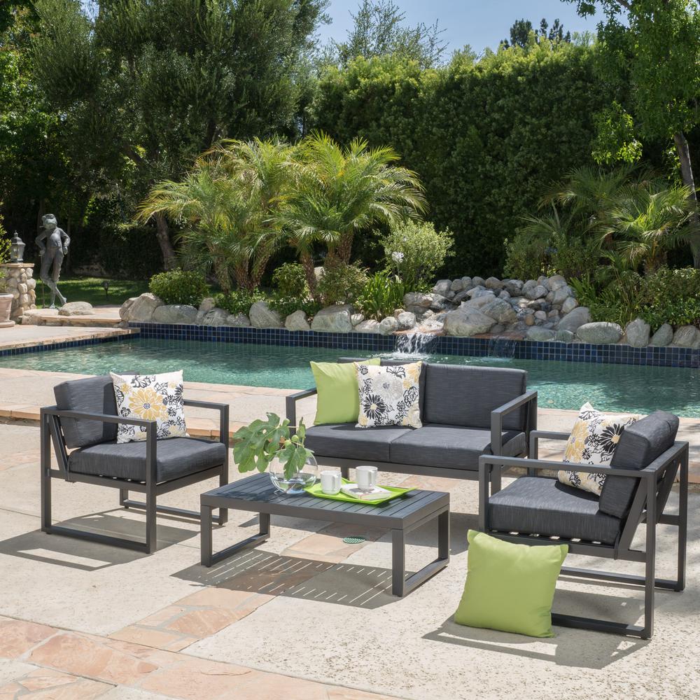 Noble House Navan Dark Gray 4 Piece Aluminum Patio Conversation Set Noble House Navan Dark Gray 4 Piece Aluminum Patio Conversation Set With Grey Cushions