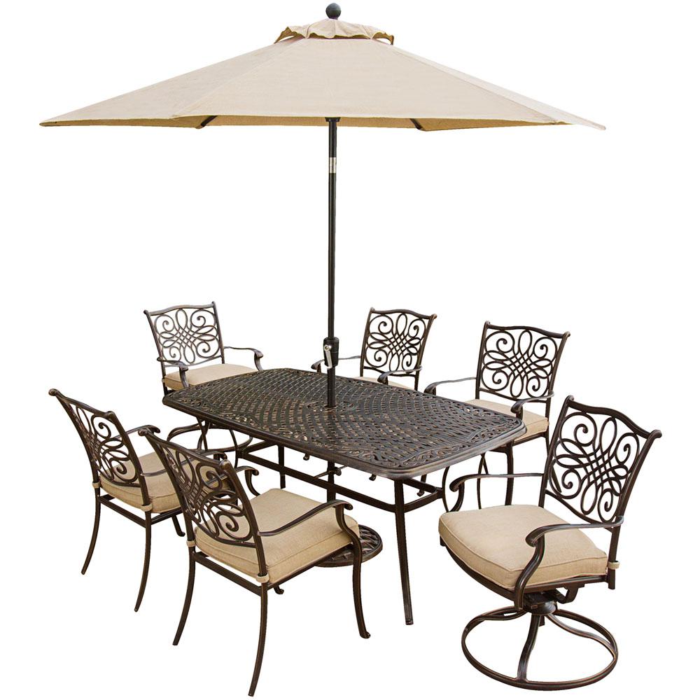 Hanover Traditions 7 Piece Aluminum Outdoor Patio Dining Set And 2 Swivel Chairs Umbrella And Base With Natural Oat Cushions Traditions7pcsw Su The Home Depot