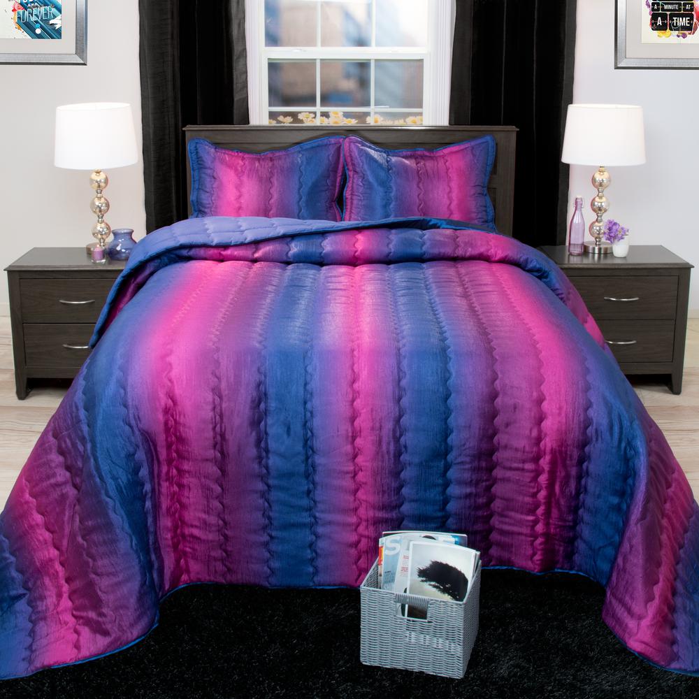 Striped 3 Piece Blue And Plum Metallic Full Comforter Set