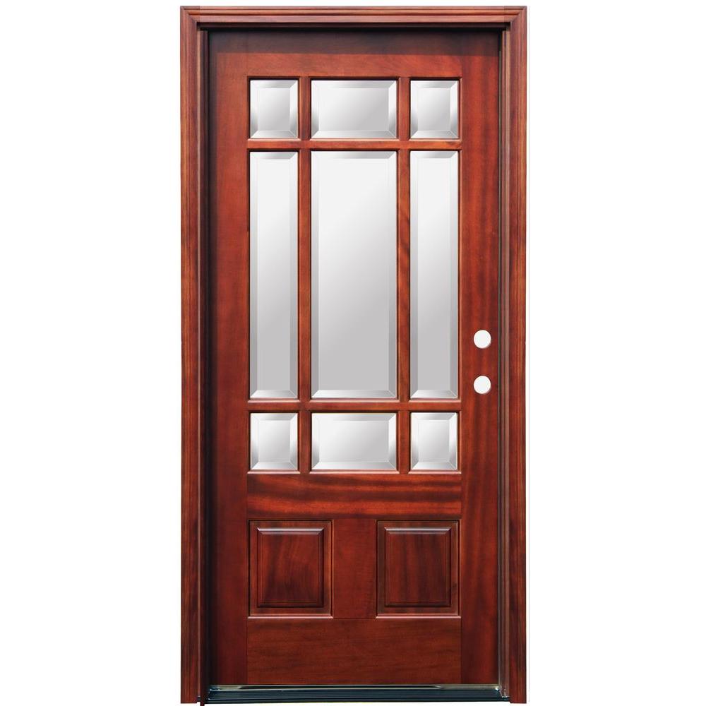 36 in. x 80 in. Craftsman 9 Lite Stained Mahogany Wood Prehung Front Door