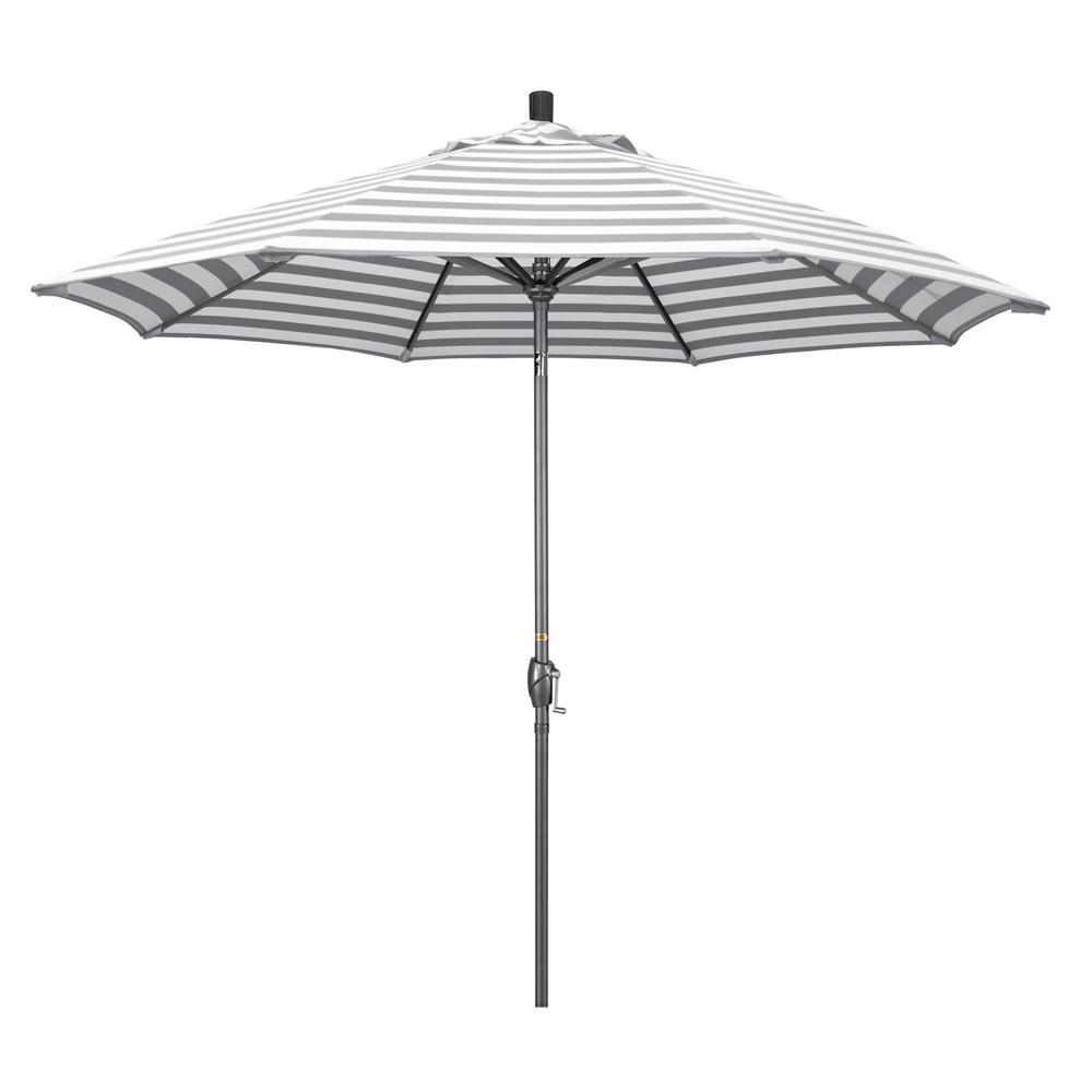 California Umbrella 9 Ft Hammertone Grey Aluminum Market Patio Umbrella With Push Button Tilt Crank Lift In Gray White Cabana Stripe Olefin Gspt908010 F95 The Home Depot