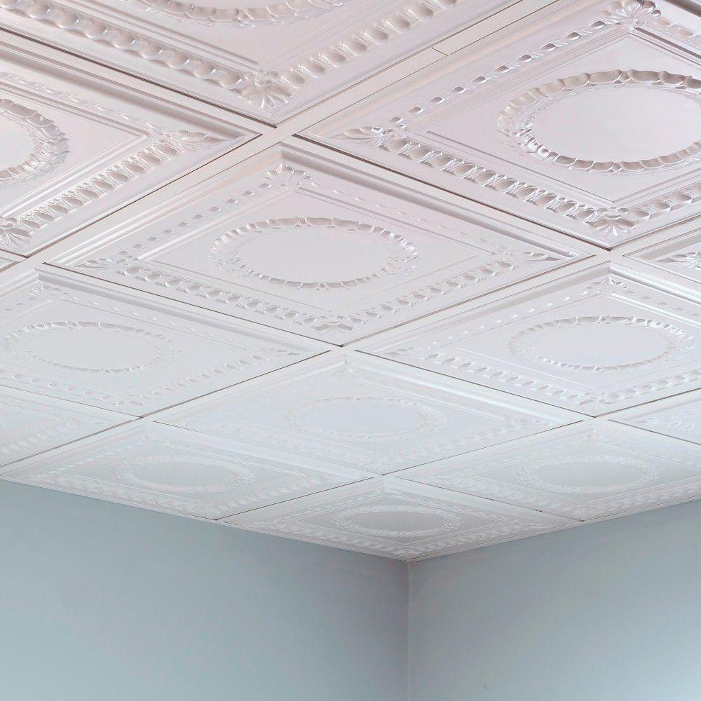 Fasade Rosette 2 Ft X 2 Ft Vinyl Lay In Ceiling Tile In Gloss White