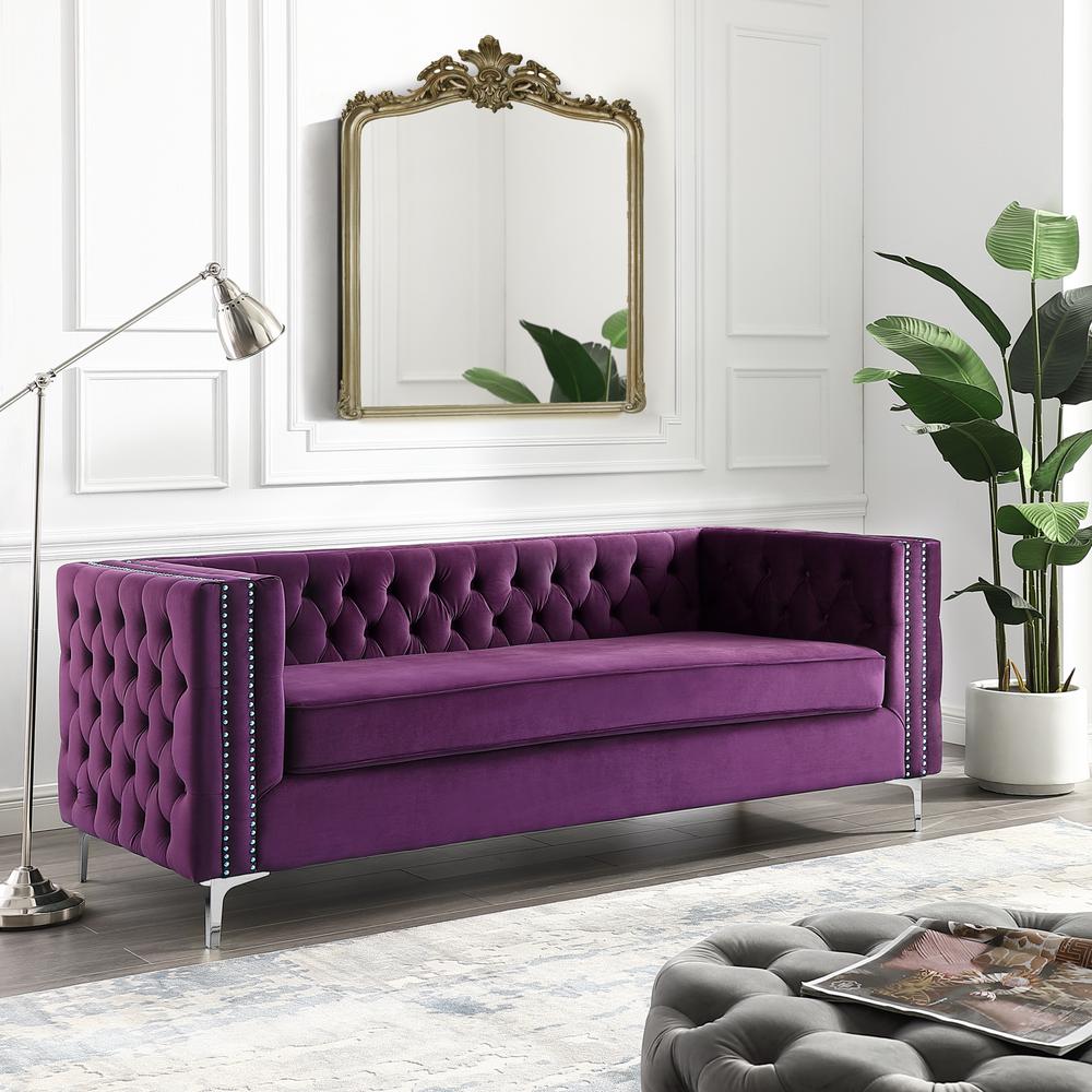 Inspired Home Olivia Purple Velvet Sofa with Gold Nailhead TrimSA01