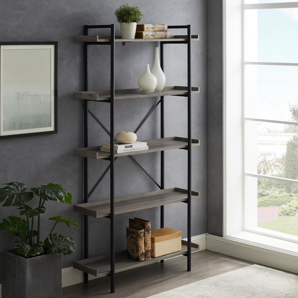 Walker Edison Furniture Company 68 in. Driftwood/Black Metal 5-shelf ...