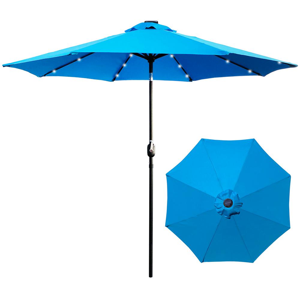 Maypex 9 Ft Steel Market Crank And Tilt Round Solar Light Patio Umbrella In Aqua 300260 A The Home Depot