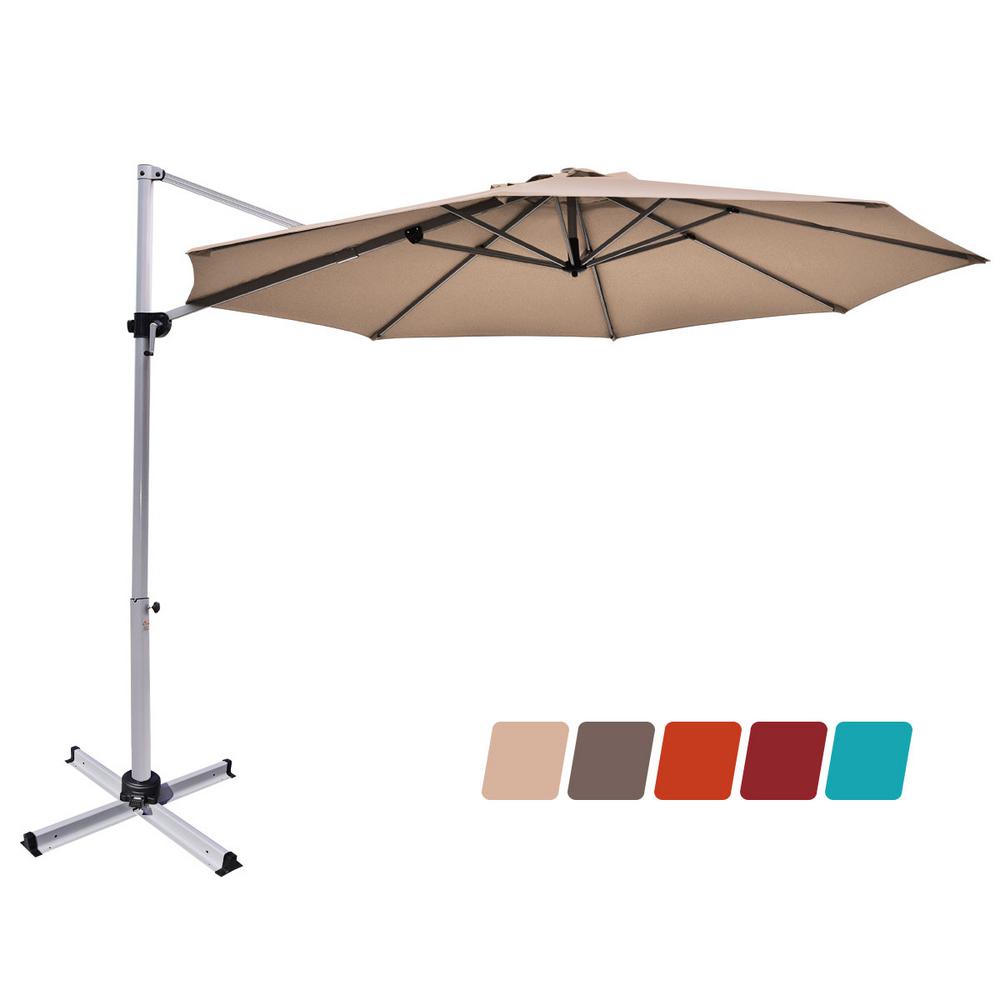 Outsunny 9 5 Ft Cantilever Market Outdoor Patio Umbrella In Khaki Canopy With 360 Degree Rotation Tilt Ability Crank Design 840 122 The Home Depot