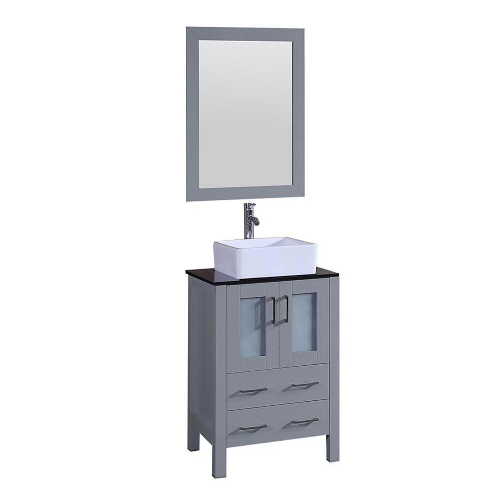 24 in. Single Vanity in Gray with Tempered Glass Vanity Top in Black