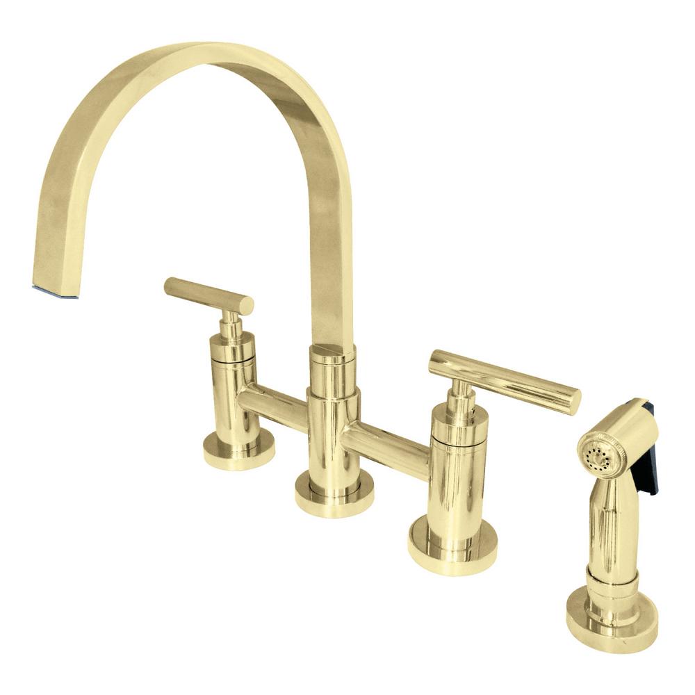 Kingston Brass Manhattan 2 Handle Bridge Kitchen Faucet With Side Sprayer In Polished Brass Hks8262cmlbs The Home Depot