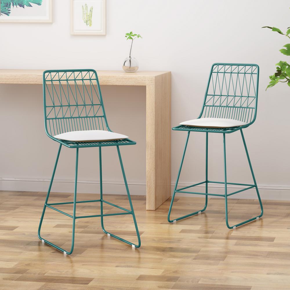 Noble House Walcott 42 in. Teal Bar Stool with Ivory Cushions (Set of 2