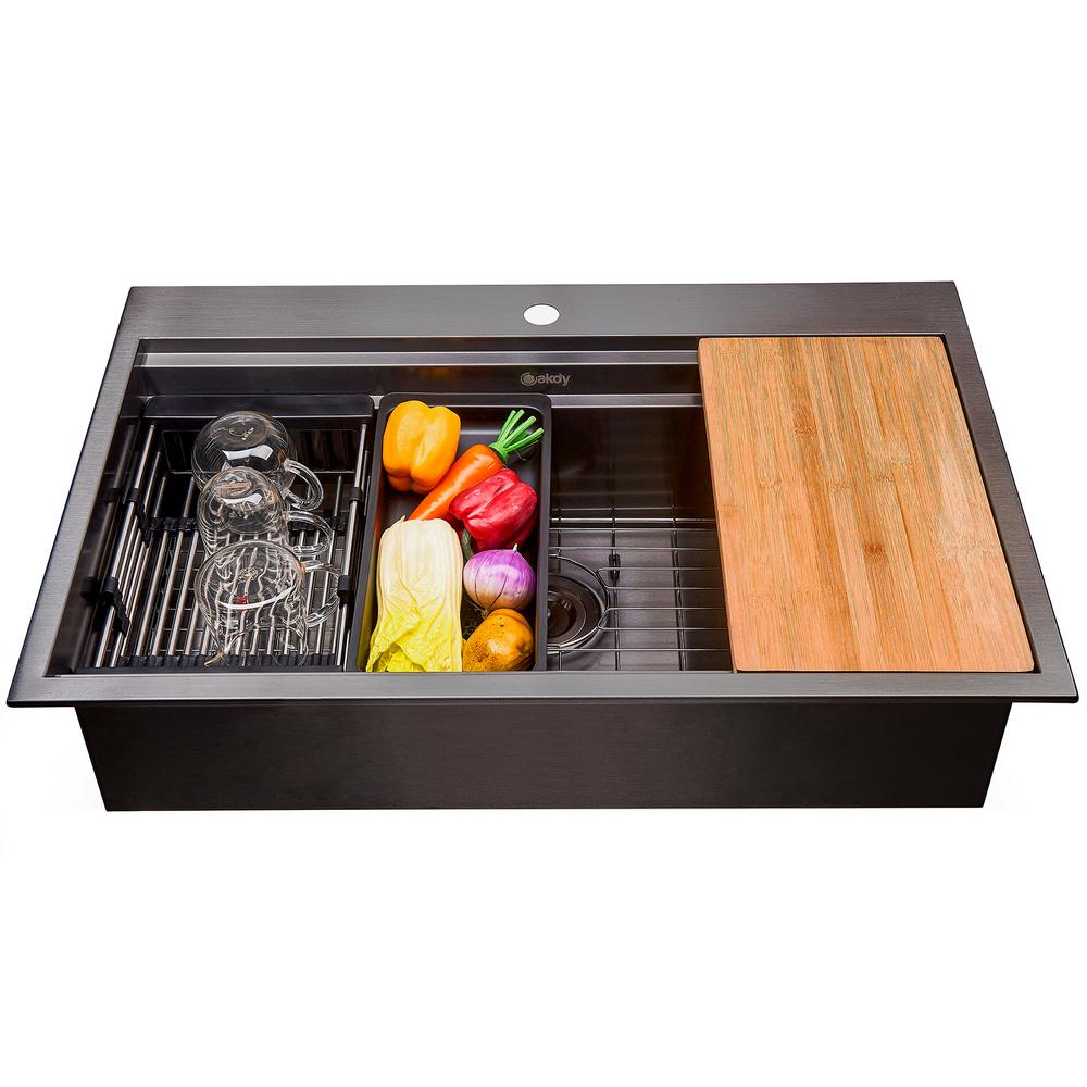 AKDY Matte Black Finish Stainless Steel 30 in. x 22 in. Single Bowl Black Stainless Steel Workstation Sink