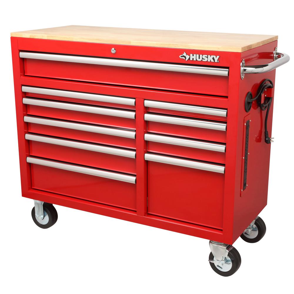 Husky 42 in. W x 18.1 in. D 10Drawer Mobile Workbench with Solid Wood