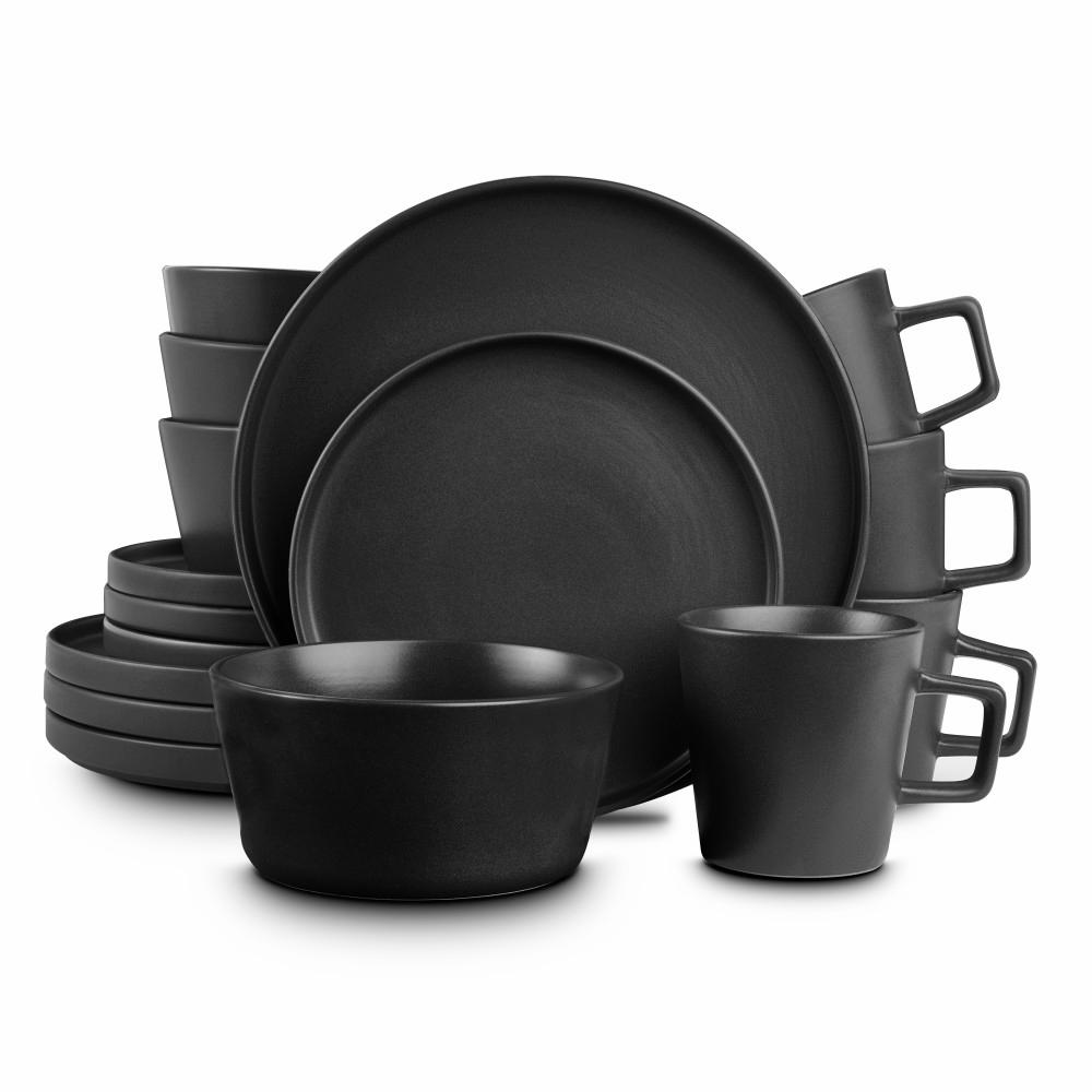 STONE LAIN Stoneware 16-Piece Modern Coupe Matte Black Dinnerware